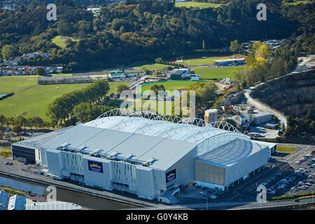 Forsyth Barr Stadium, Logan Park und Palmers Steinbruch, Dunedin, Südinsel, Neuseeland - Antenne Stockfoto