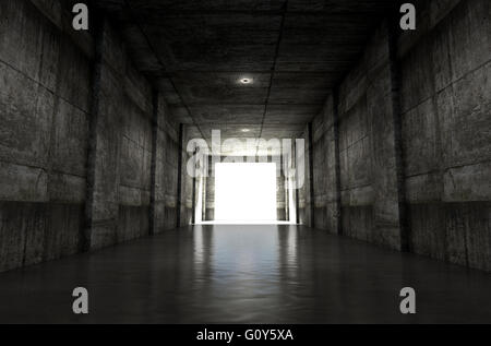 Einen entfernten Blick auf einen dunklen Stadion Sport Tunnel auf eine beleuchteten Arena in der Ferne zu betreten Stockfoto