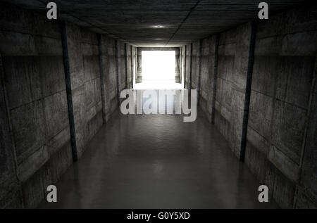 Einen entfernten Blick auf einen dunklen Stadion Sport Tunnel auf eine beleuchteten Arena in der Ferne zu betreten Stockfoto