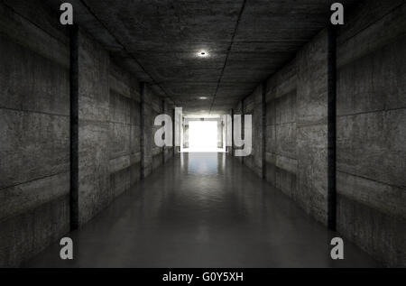 Einen entfernten Blick auf einen dunklen Stadion Sport Tunnel auf eine beleuchteten Arena in der Ferne zu betreten Stockfoto