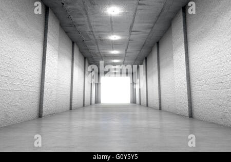 Einen entfernten Blick auf einen dunklen Stadion Sport Tunnel auf eine beleuchteten Arena in der Ferne zu betreten Stockfoto