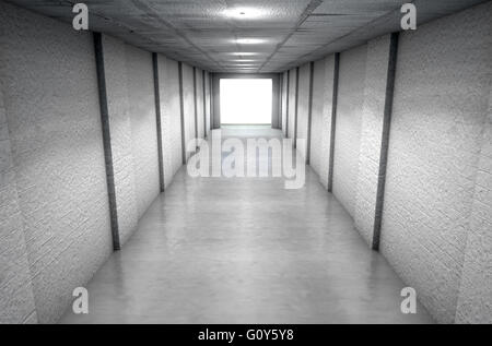 Einen entfernten Blick auf einen dunklen Stadion Sport Tunnel auf eine beleuchteten Arena in der Ferne zu betreten Stockfoto