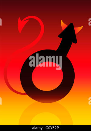 Symbol für männliche Teufel mit Schwänzen und Hörner am lodernden Hintergrund als Symbol für ein böser Junge. Stockfoto