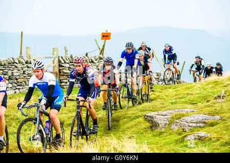 Fahrer, die Ingleborough im 2015 drei Zinnen Cyclocross Rennen, eine jährliche Veranstaltung über drei Yorkshire Berge aufsteigend Stockfoto