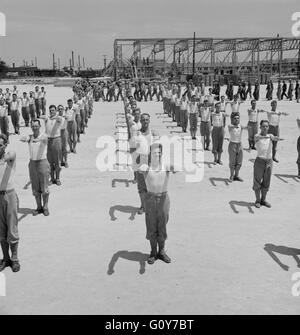 Soldaten gehen durch Calisthenics Routine, Air Service Command, Daniel Feld, Georgia, USA, von Jack Delano für Büro der Krieg-Informationen, Juli 1943 Stockfoto