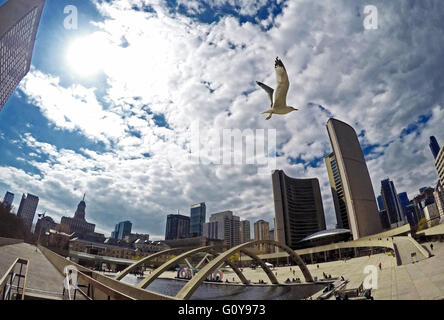 Toronto Stadtlandschaft rund um Rathaus, Nathan Phillips Square Widerspiegelnder Teich mit dem Zeichen des Toronto an einem sonnigen Frühlingstag Stockfoto