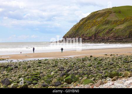 St. Bees Head. Paar, Hund am Strand spazieren gehen.  Saint-Bienen, Cumbria, England, Vereinigtes Königreich, Europa. Stockfoto