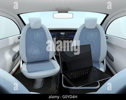 Selbstfahrendes Auto-Innenraum-Konzept. Vordersitze konnte rückwärts drehen. Hilfe zur Verbesserung der Kommunikation. 3D-Rendering Bild. Stockfoto