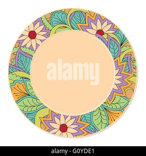 Hand gezeichnet bunt dekorierte Untertasse boho Style mit Doodle Blumen. isoliert auf der Weiß. Vorlage für Dekoration Gerichte. Stock Vektor