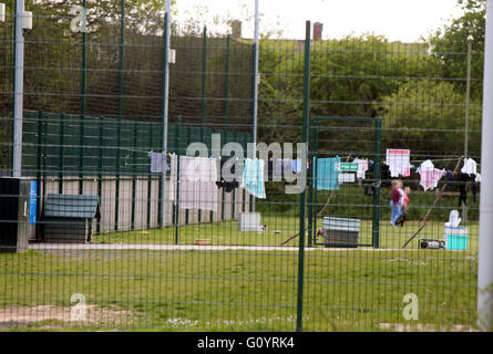 Gosport, Hampshire, UK.  6. Mai 2016. Mehr als 30 Reisende haben ein großes Stück Grün auf der Rückseite des DC Freizeit komplexe Waldweg, Gosport übernommen. Die große Gruppe zog durch Überfahren Wanderweg in der Nähe ein Kind spielen im Park.            Die Gruppe begann zu kommen mit ein oder zwei van jetzt grün voll von Wohnwagen, Asphalt-LKW, transit van und Energie Installation Wagaons.  Eine Wäscheleine wurde in der Nähe der fünf beiseite Fußballfelder errichtet. Personal an der Freizeitanlage scheinen ein Auge zugedrückt. Bildnachweis: Uknip/Alamy Live-Nachrichten Stockfoto