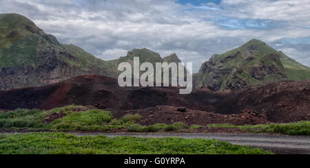 3. August 2015 - Vulkangestein Lava aus den fünf Monate lang 1973 Ausbruch des Vulkan Eldfell in Heimaey, in den Westmännerinseln, das mehr als 400 Häuser zerstört. Vulkanische Asche fiel über die Insel und Lavastrom bedroht, den Hafen, die wichtigste Einnahmequelle zu schließen. Grünes Moos bedeckt jetzt Teil des Lavastroms. Abhängig von der Fischerei-Industrie, aber bekannt für seine Seevogel Bevölkerung und vulkanische Aktivität ist der Tourismus ein wachsender Sektor der Heimaey und Westmännerinseln Wirtschaft mit Island immer ein beliebtes Touristenziel. (Kredit-Bild: © Arnold Drapkin über ZUMA Draht) Stockfoto