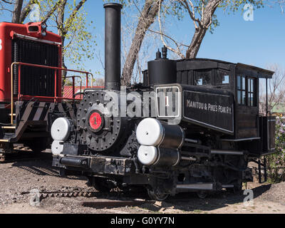 Manitou und Pikes Peak Triebwerk Nummer 1, Zahnradbahn, Colorado Railroad Museum, Golden, Colorado. Stockfoto