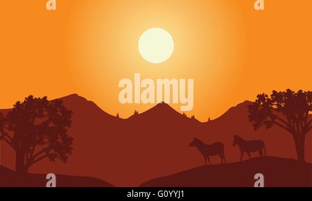 Bei Sonnenuntergang Landschaft mit Zebra-silhouette Stock Vektor