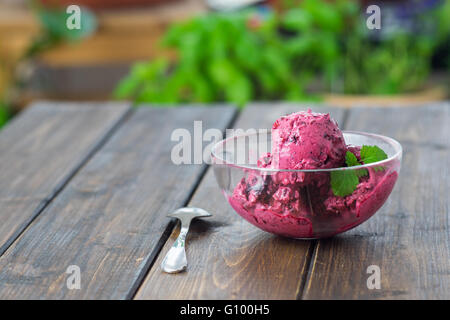 Hausgemachte Heidelbeer-Eis oder Sorbet serviert in einer Glasschale auf Holztisch im rustikalen Stil Stockfoto