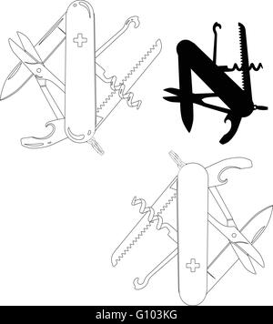 Schweizer Taschenmesser. isolierte Umriss Vektor-illustration Stock Vektor