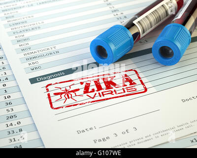 Zika Virus Diagnose. Blut-Probe mit Zika Virus Stempel, 3d illustration Stockfoto