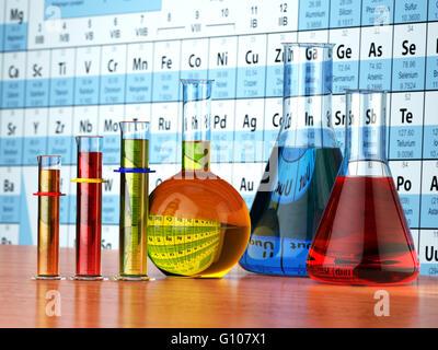 Wissenschaft-Chemie-Konzept. Reagenzgläser für Labor und Fläschchen mit farbigen Flüssigkeiten auf das Periodensystem der Elemente.  3D illustra Stockfoto