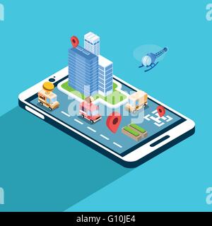 Stadtstraße Navigation Anwendung Zelle Smartphone 3d isometrische Stock Vektor