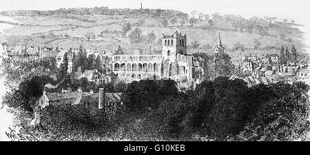 19. Jahrhundert-Ansicht von Jedburgh Abbey gegründet 12. Jh., im 16. Jahrhundert zerstört und die Stadt, die ehemalige königliche Burgh in den Scottish Borders und ehemalige Kreisstadt von Roxburghshire, Schottland Stockfoto