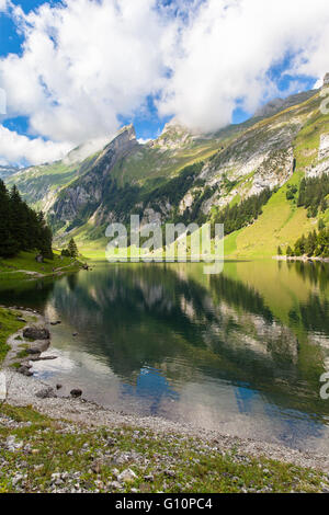 Atemberaubenden Blick auf den Seealpsee (See) und dem Alpstein-massiv im Sommer, Kanton Appenzell, Schweiz Stockfoto