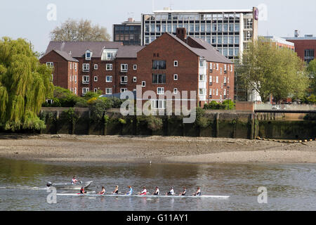 Wimbledon, London, UK. 7. Mai 2016. Wimbledon London, UK. 7. Mai. Ruderer nehmen das Wasser auf der Themse in Putney auf ein glorreicher Tag wie Temperaturen vorhergesagt werden, über das Wochenende Kredit steigen: Amer Ghazzal/Alamy Live-Nachrichten Stockfoto