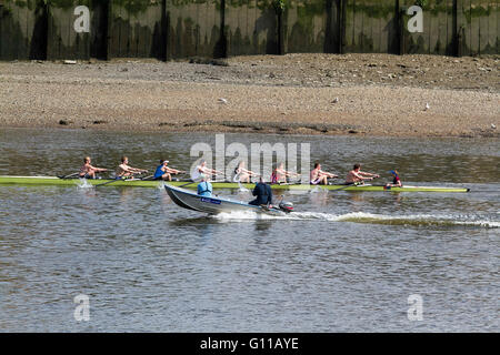 Wimbledon, London, UK. 7. Mai 2016. Wimbledon London, UK. 7. Mai. Ruderer nehmen das Wasser auf der Themse in Putney auf ein glorreicher Tag wie Temperaturen vorhergesagt werden, über das Wochenende Kredit steigen: Amer Ghazzal/Alamy Live-Nachrichten Stockfoto