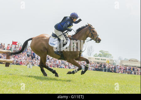 Badminton, South Gloucestershire, England, 7. Mai 2016, Zara Tindall und ihr Pferd High Königreich wiederherstellen aus einer in der Nähe von Herbst an den berüchtigten Vigarage Vee-Zaun eine klare Cross Country Runde bei Mitsubishi Motors Badminton Horse Trials 2016 abgeschlossen. Bildnachweis: Trevor Holt/Alamy Live-Nachrichten Stockfoto