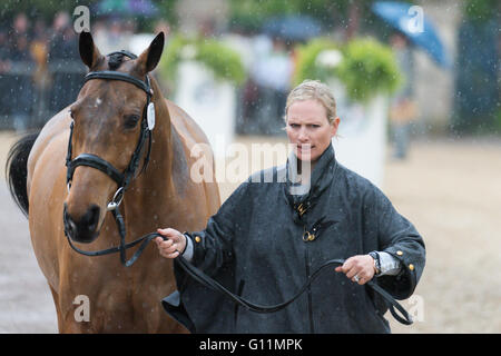 Badminton, South Gloucestershire, UK, 8. Mai 2016, Zara Tindall und ihr Pferd High Königreich nehmen Sie Teil an der endgültigen Pferd Inspektion bei Mitsubishi Motors Badminton Horse Trials 2016. Bildnachweis: Trevor Holt / Alamy Live News Stockfoto