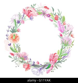 Kreative Sommer Runde Grenze mit wilden roten, rosa und lila Blumen für Kartendesign, Hochzeits-Einladungen Stockfoto