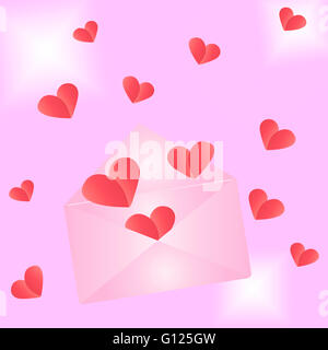 Umschlag mit Herzen auf dem hellen Hintergrund Stockfoto