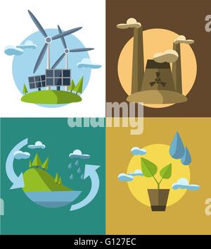 Set-Vektor flache Design Konzept Illustrationen mit Symbolen der Ökologie, Umwelt, grüne Energie und Verunreinigung Stock Vektor