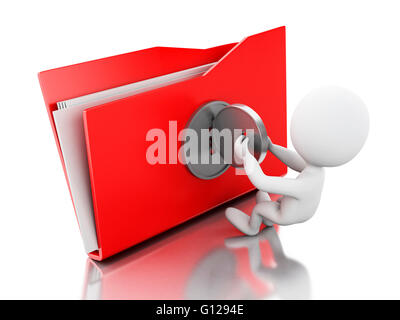 3D Renderer Bild. Weiße Leute mit Ordner gesperrt und Schlüssel. Security-Konzept. Isolierten weißen Hintergrund. Stockfoto