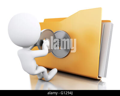 3D Renderer Bild. Weiße Leute mit Ordner gesperrt und Schlüssel. Security-Konzept. Isolierten weißen Hintergrund. Stockfoto
