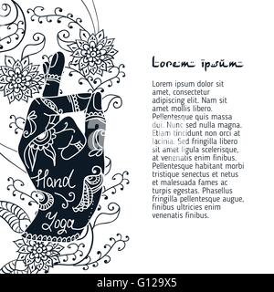 Element Yoga Bhramara Mudra Hände mit Mehendi Mustern. Vektor-Illustration für ein Yoga-Studio, Tattoo, Wellness, Postkarten, Souvenirs Stock Vektor