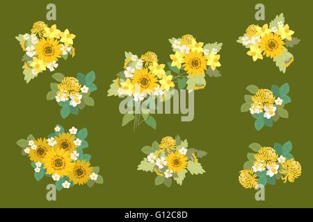 Sonnenblume, Narzisse, Erdbeere Blumen retro Vintage Blumenkarte, Vektor-illustration Stock Vektor