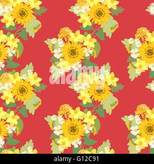 Sonnenblume, Narzisse, Erdbeere Blumen retro Vintage Blumenkarte, Vektor-illustration Stock Vektor