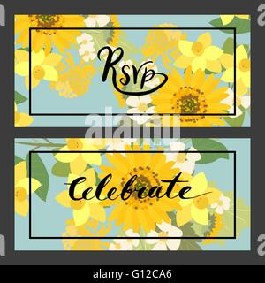 Sonnenblume, Narzisse, Erdbeere Blumen retro Vintage Blumenkarte, Vektor-illustration Stock Vektor