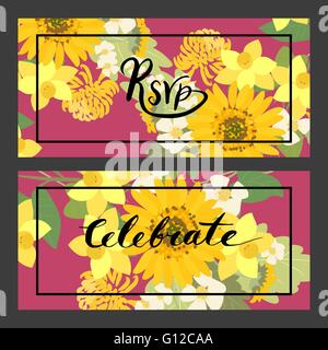 Sonnenblume, Narzisse, Erdbeere Blumen retro Vintage Blumenkarte, Vektor-illustration Stock Vektor