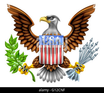 American Eagle Design mit Weißkopfseeadler wie auf das große Siegel der Vereinigten Staaten halten einen Olivenzweig und Pfeile gefunden Stockfoto