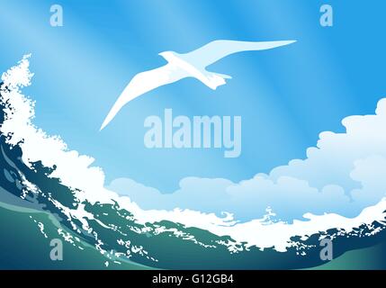 Fliegende Möwe gegen die Wellen des Ozeans und blauer Himmel. Stock Vektor