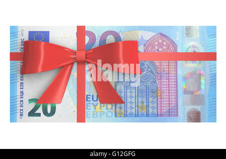 Bündel von 20 Euro-Banknoten mit roter Schleife, Geschenk-Konzept. 3D-Rendering Stockfoto