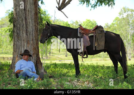 Ein Cowboy ruht im Schatten eines Baumes, wie ein Pferd steht. Stockfoto