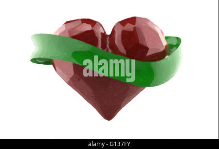 Fliegendes 3d rote gehacktes Herz mit grünen Rubbon. Exemplar für text Stockfoto