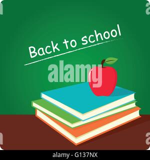 Hintergrund der Schulklasse mit grüner Tafel, Büchern und einem Apfel. Ausbildung für Studenten. Vektorabbildung Stock Vektor