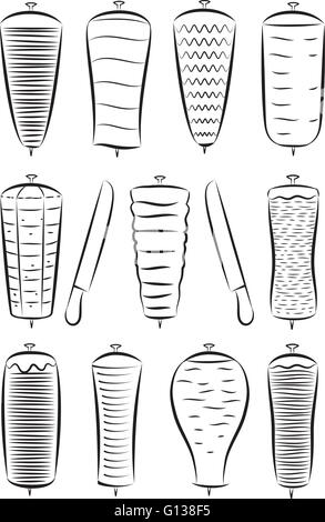 Vektor-set Döner Kebab in Kunst Linienmodus auf weißem Hintergrund Stock Vektor