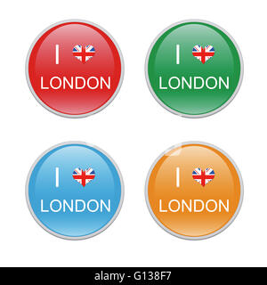 Reihe von abgerundeten Icons symbolisieren ich liebe London in rot, grün, blau und orange Farben Stockfoto