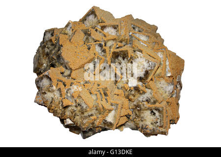 Fluorit gelb braun kubische Kristalle mit Siderit Überwucherung, St Peters, Mine, Allenheads, Northumberland, England Stockfoto