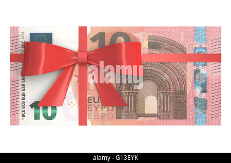 Packung mit 10 Euro-Banknoten mit roter Schleife, Geschenk-Konzept. 3D-Rendering