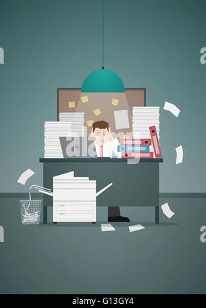 Stressigen Geschäftsmann im Büro mit zu viele Stapel von Papier und Ordner auf seinem Schreibtisch. Vektor-Illustration. Stock Vektor