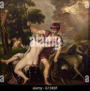 Tizian - Tiziano Vecellio (ca. 1488/90-1576), Venus und Adonis - Venus Versuche zu verhindern, dass Adonis aus gehen Jagd, ca.1560. Stockfoto